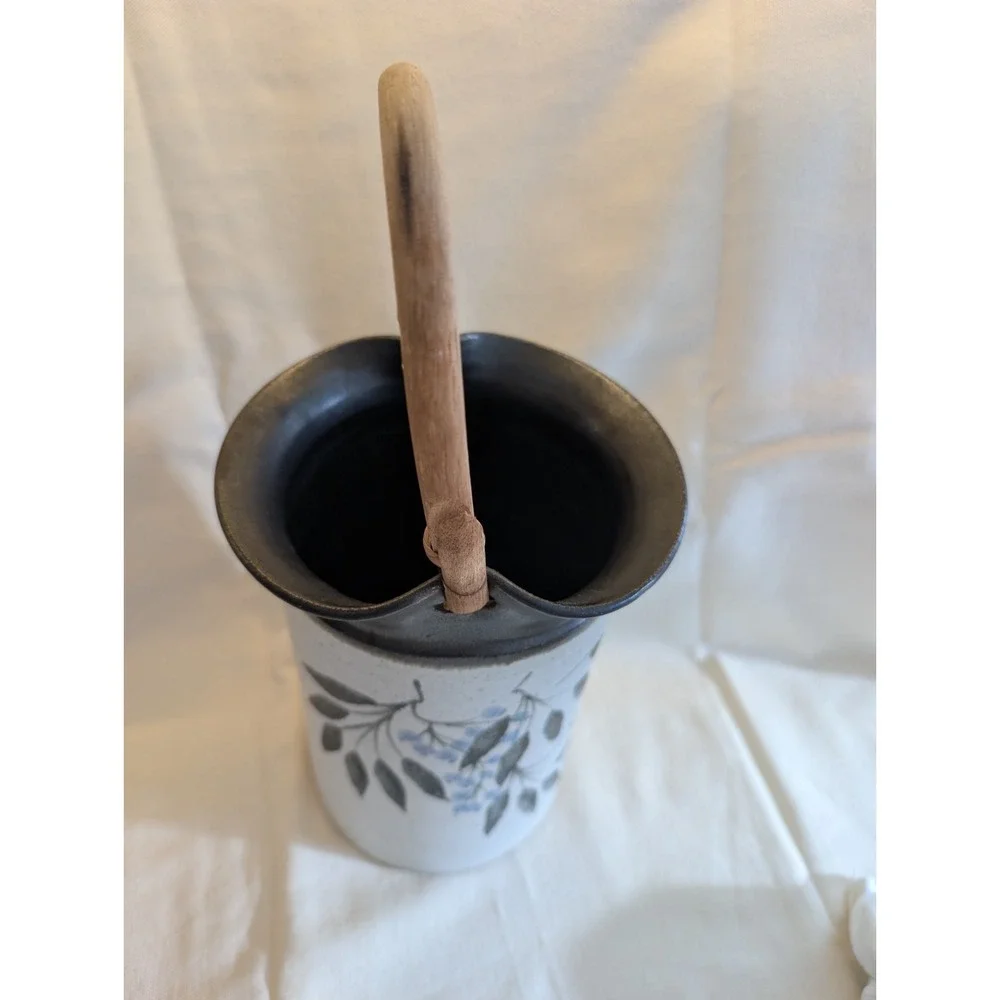 Pottery Wine Bottle‎ Cooler Vase Stoneware Basket w/ Rattan Handle Stamped